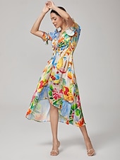 abordables Robes décontractées-Femmes Féminin Robe Décontractée Robe Midi Arc-en-ciel Manche Courte Floral Été Printemps Inter-saisons Col en V Vacances Bohème XS S M