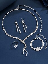 abordables Collier pour femme-Ensemble de bijoux de luxe en strass pour femmes - élégant collier en argent, bracelet, boucles d&#039;oreilles et bague, accessoires scintillants pour les soirées dansantes et les cocktails