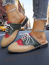 abordables Women's Clogs &amp; Mules-Women's 1950s Vintage Colorblock Wingtip Mule Oxford Shoes - Yellow Blue Slip-On Lace-Up Flats for Casual Street Style, Outings and Weekend Travel