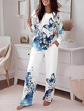 abordables Ensembles chemisiers pour femmes-Femmes Mode T-shirt Ensembles de Pantalons manche longue Col rond Fleuri Graphique Papillon Imprimé Décontracté Quotidien Bleu Printemps Coupe régulière