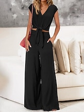 Mulheres Moda Roupa de rua Diário Conjuntos de calças Manga Curta Decote V Côr Sólida Cordões Casual Diário Preto Azul Marinho Escuro Azul Marinha Verão Normal baratos Blusas femininas-Mulheres Moda Roupa de rua Diário Conjuntos de calças Manga Curta Decote V Côr Sólida Cordões Casual Diário Preto Azul Marinho Escuro Azul Marinha Verão Normal