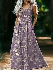 economico Abiti Boho-Abito vintage da donna in stile boho con stampa floreale, casual, per uscire in spiaggia, vestibilità regolare, senza maniche, scollo a U, rosa vinaccia, marrone chiaro, blu, estate e primavera.