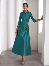 cheap Cocktail Dresses-Green Yellow A-Line Cocktail Dresses Elegant Formal Wedding Guest Ankle Length Long Sleeve Shirt Collar Taffeta with Slit