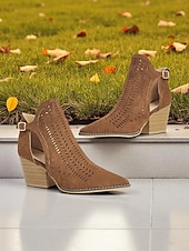 levne Cowboy &amp; Western Boots-Dámské hnědé semišové kotníkové boty s výřezem - kozačky ve westernovém vintage stylu 70. let s robustním podpatkem a bočním zipem, ideální na hudební festivaly, podzimní outfity a halloweenské