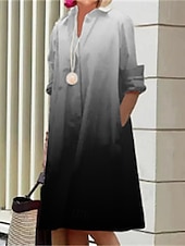 preiswerte Druck Blumen Kleider-Damen Midikleid Hemdblusenkleid Freizeitkleid Mode Modern Täglich Strand Wochenende Normale Passform Farbverläufe Langarm Hemdkragen Schwarz Gelb Rote Blau Frühling Herbst