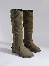 billiga Cowboy &amp; Western Boots-Olivgröna knähöga damstövlar i konstmocka – western cowboystil med låg klack, bekväma höst- och vinterskor