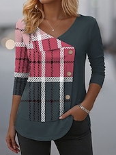 billige Stripe og geometrisk t-skjorte-Dame T skjorte Grafisk Geometrisk Ruter Mote Fritid Langermet Crew-hals Vanlige topper Daglig Lapper Knapper Trykt mønster Rød Blå Oransje Grønn Vår Høst Vinter