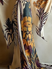 abordables Robes Bohémiennes-Robe longue femme Robe maxi Robe bohème Robe décontractée Robe trapèze Robe d&#039;été Vintage Vacances Quotidien Plage Coupe classique Floral Manches longues Col V Beige Été Printemps Automne