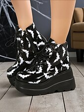 abordables Pour les femmes-Bottines à plateforme pour femmes à imprimé chauve-souris d&#039;Halloween – Bottines de combat à talons épais et lacets de style gothique punk pour fêtes, cosplay et soirées