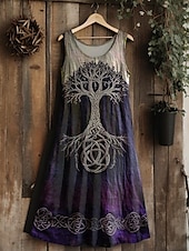 billige Boho-kjoler-dame vintage viking keltisk knute gradient kunst midikjole sommerkjole A-linjekjole ferie avslappet bohemsk bryllupsfest ute vanlig passform blomsterprint grafisk blad ermeløs U-hals