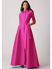 economico Vestiti da sera-Abito da sera a trapezio abito elegante matrimonio formale da ospite lunghezza a terra manica a metà collo a revers tasca chiffon satin con fiocco/i tasca a spalline