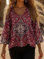 billige Kvinne Boho Topper-Dame Bluse Grafisk Paisly Bohem Årgang Stilfull 3/4 ermer V-hals Vanlige topper Daglig Svart Rød Blå Fuksia Grønn Sommer Vår Høst