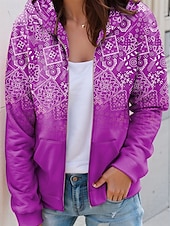 billiga Randiga och geometriska toppar-Kvinnors dragkedja hoodie grafisk geometrisk paisley mode avslappnad lång ärm huva vanlig toppar gata dagliga kläder ficka tryck röd blå lila grön vår höst