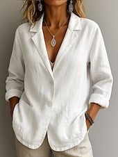 cheap Shirts-Women&#039;s Cotton Linen Blazer Solid Color Stylish Basic Casual Long Sleeve Shirt Collar Regular Tops Work Daily Buttons White Yellow Summer