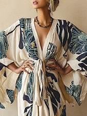 preiswerte Ausgefallene Kleider-Langes Damenkleid Maxikleid Boho-Kleid Freizeitkleid Swing-Kleid Sommerkleid Vintage Urlaub Alltag Strand Regular Fit Blumen Langarm V-Ausschnitt Blau Sommer Frühling Herbst