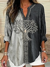 cheap Boho Tops-Women&#039;s Shirt Tree Daily Casual Long Sleeve V Neck Regular Tops Daily Holiday Buttons Print Gray Spring Fall