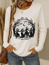 abordables Hauts d&amp;#39;Halloween-Halloween Femmes T-shirt Graphique Sorcière ancien Élégant Classique manche longue Col ras du cou Col rond Hauts Réguliers Quotidien Week-end Imprimé Noir Vin Bleu Violet Vert Printemps Automne