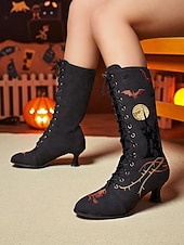 levne Pro ženy-Dámské gotické halloweenské vyšívané šněrovací boty - vintage styl černého kostýmu čarodějnice z roku 1900, podpatky do půli lýtek pro cosplay, večírky a tematické akce