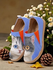 tanie Mokasyny i trzewiki damskie-Kolorowe, wsuwane buty damskie Cat by Kayomi Harai z nadrukiem kota – urocze, codzienne mokasyny dla miłośniczek kotów, idealne na co dzień, w podróż i na weekendowe wyjścia