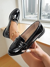 preiswerte Damenhausschuhe und -halbschuhe-Damen nude Lackleder Penny Loafers mit Schnallen-Details - Elegante Slipper Flats für Damen klassisch Prep-Stil Büroschuhe für tägliche Arbeit Schule und Freizeitaktivitäten