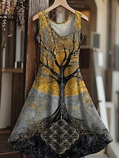 cheap Boho Dress-Women&#039;s Tree of Life Merkabah Mini Dress Sundress A Line Dress Vacation Casual Boho Wedding Party Going out Regular Fit Floral Graphic Leaf Sleeveless U Neck Yellow Red Blue Summer Spring