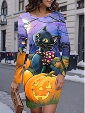 preiswerte Halloweenkleid-Damen Minikleid T-Shirt-Kleid Shiftkleid Sommerkleid Urlaub Lässig Party Täglich Normale Passform Grafik Tiermotiv Langarm Rundhalsausschnitt Schwarz Gelb Purpur Orange Frühling Herbst Winter