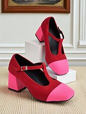 זול מארי ג'יין פאמפס-נעלי עקב מרי ג'יין בצבע אדום וורוד לנשים עם רצועת T - נעלי הליכה נוחות בסגנון צרפתי לתה של אחר הצהריים, מסיבות, משרד ותלבושות יומיומיות