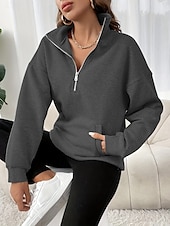 baratos Tops Simples-Mulheres Moletom Tecido Casual Manga Longa Gola Alta Tops regulares Rua Dia a Dia Patchwork Zíper Preto Fúcsia Cinzento Escuro Bege Cinzento Outono Inverno