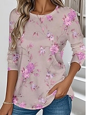 ieftine tricou floral-Paște Pentru femei Tricou Floral Grafic Plante Epocă Stilat Clasic Manșon Lung Stil Nautic Rotund Topuri obișnuite Zilnic Imprimeu Roz Îmbujorat Mov Trifoi Vară Primăvară Toamnă