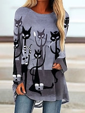 abordables Hauts d&amp;#39;Halloween-Halloween Femmes T-shirt Graphique Animal ancien Élégant Classique manche longue Col ras du cou Col rond Hauts Longs Quotidien Imprimé Rose Claire Bleu Vert Printemps Automne