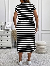 olcso Ruhák-Női Extra méret hétköznapi ruha Csíkos V-alakú Rövid ujjú Nyár Tavasz Divat Modern Alkalmi Midi ruha Napi Szabadság Ruha