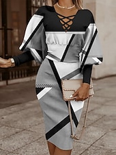 economico Abito a Strisce e Geometrico-Per donna Abito Midi Abito aderente Abiti semi formali Ufficio Vestibilità regolare Geometrico Manica Lunga Scollo a V Nero Bianco Rosso Oro Primavera Autunno Inverno