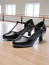 abordables Zapatos de baile latino-Zapatos de baile negros con tira en T para mujer: cómodos tacones de salón latino con punta cerrada y hebilla ajustable, zapatos de rendimiento profesional para salsa, tango y sesiones de práctica.