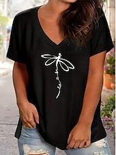 billige Dyrene tee-Dame T skjorte Grafisk Dyr Dragonfly Årgang Stilfull Klassisk Kortermet V-hals Vanlige topper Daglig Ut på byen Helg Trykt mønster Svart Rosa Rød Blå Grå Sommer Vår
