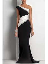 ieftine negru-Rochie de seară elegantă, tip sirenă, alb-negru, de mireasă, formală, lungime până la podea, fără mâneci, model crepe elastic pe un umăr, cu sclipici, încrețit, 2025