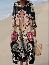 abordables Robe Boho-Femmes Robe maxi Robe d&#039;Été Robe trapèze Vacances Occasionnel Sortir Coupe Ample Fleuri Graphique Paisley manche longue Col en V Bleu Ciel Bleu marine Noir Orange Été Printemps Automne