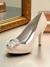クリスタルバックル付きレディースサテンピープトゥパンプス - カクテルパーティーや夜のイベントに最適な、クラシックな女性用ハイヒールドレスシューズ お買い得  カクテル-クリスタルバックル付きレディースサテンピープトゥパンプス - カクテルパーティーや夜のイベントに最適な、クラシックな女性用ハイヒールドレスシューズ