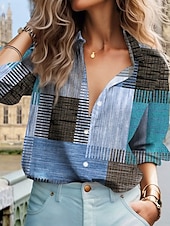 voordelige Dames Strepen &amp; Geometrische Tops-Dames Shirt Button Down Blouse Ruit Stijlvolle Casual Lange Mouwen Shirt Button Down Blouse Kraag Reguliere Tops Dagelijks Knopen Print Rood Blauw Groen Khaki Zomer Lente