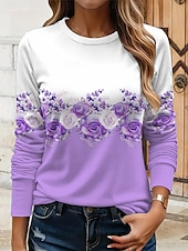 abordables T-shirt floral-Femmes T-shirt Fleuri Graphique Plantes ancien Élégant Classique manche longue Col ras du cou Col rond Hauts Réguliers Quotidien Imprimé Jaune Rose Claire Bleu Violet Vert Été Printemps Automne