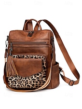billiga Mode Ryggsäckar-Ryggsäck i leopardmönster i konstläder för kvinnor, tvåpack - konvertibel axelväska med tofsar för daglig skola, resor och shopping
