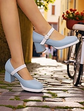 abordables Retro de los años 50-Tacones Mary Jane mod de los años 50 para mujer: zapatos retro de tacón grueso con punta redonda en azul y blanco con correa para atuendos vintage, fiestas de té o uso diario.
