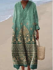 tanie Sukienka boho-Damskie Sukienka maxi Sukienka letnia Sukienka A line Urlop Codzienny Wyjściowe Luźna Kwiaty Graficzny W Tureckie Wzory Długi rękaw W serek Granatowy Rumiany róż Czerwony Niebieski Lato Wiosna Jesień