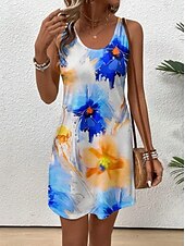 preiswerte Blumenkleider-Damen Minikleid Sommerkleid A Linie Kleid Urlaub Lässig Hochzeit Heim Party Normale Passform Blumen Grafik Blatt Ärmellos U-Ausschnitt Blau Sommer Frühling