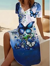 preiswerte Tiere kleiden-Damen Minikleid T-Shirt-Kleid A Linie Kleid Sommerkleid Urlaub Lässig Täglich Ferien Date Normale Passform Blumen Grafik Tiermotiv Kurzarm V Ausschnitt Gelb Rote Blau Violett Sommer Frühling