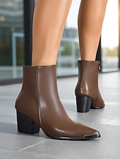 Недорогие Ботильоны-Женские коричневые ботильоны с острым носком из искусственной кожи – ботильоны в стиле вестерн на среднем каблуке с металлическим носком и молнией сбоку, повседневная осенняя обувь для городского уличного стиля и офисных нарядов