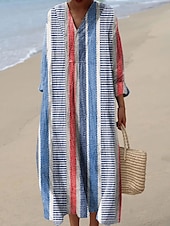 preiswerte Streifen- und geometrische Kleider-Damen Midikleid Sommerkleid A Linie Kleid Urlaub Lässig Boho Party Strand Lässiger Schnitt Grafik Geometrisch Abstrakt Langarm V Ausschnitt Rosa Rote Blau Orange Sommer Frühling Herbst