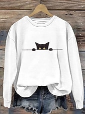 preiswerte Halloween Sweatshirt und Hoodie-Damen Pullover Sweatshirt Grafik Tiermotiv Katze Mode Lässig Langarm Rundhalsausschnitt Normale Oberteile Straße Alltagskleidung Lässig Druck Weiß Rosa Orange Beige Grau Herbst Winter