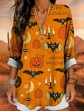 billige Halloween topper-Halloween Dame Bluse Hjerte Kjærlighed Grafisk Årgang Stilfull Fritid Langermet V-hals Vanlige topper Daglig Ferie Trykt mønster Svart Hvit Oransje Sommer Vår Høst
