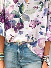 preiswerte Blumenoberteile-Damenbluse Button-Down Floral Grafik Elegant Stylisch Basic 3/4-Langarm V-Ausschnitt Reguläre Oberteile Täglich Urlaub Ausgehen Druck Weinrot Lila Grün Sommer Frühling