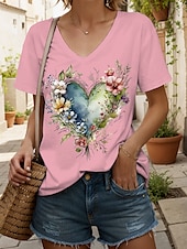 abordables T-shirt floral-Femmes T-shirt Cœur Fleuri Graphique ancien Mode Hawaïen Manche Courte Col en V Hauts Réguliers Quotidien Sortir Week-end Imprimé Noir Blanche Jaune Rose Claire Bleu Été Printemps